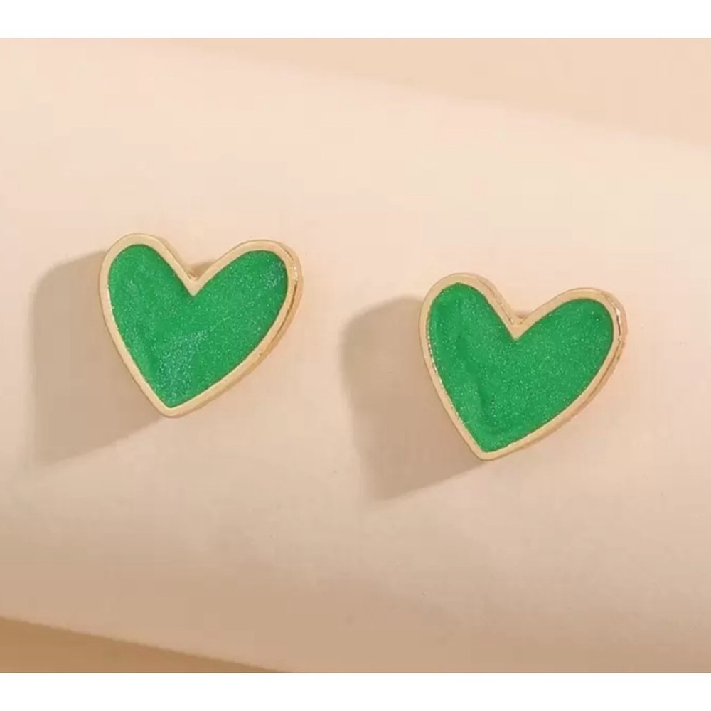 Small Green Enamel Heart Stud Earrings, New